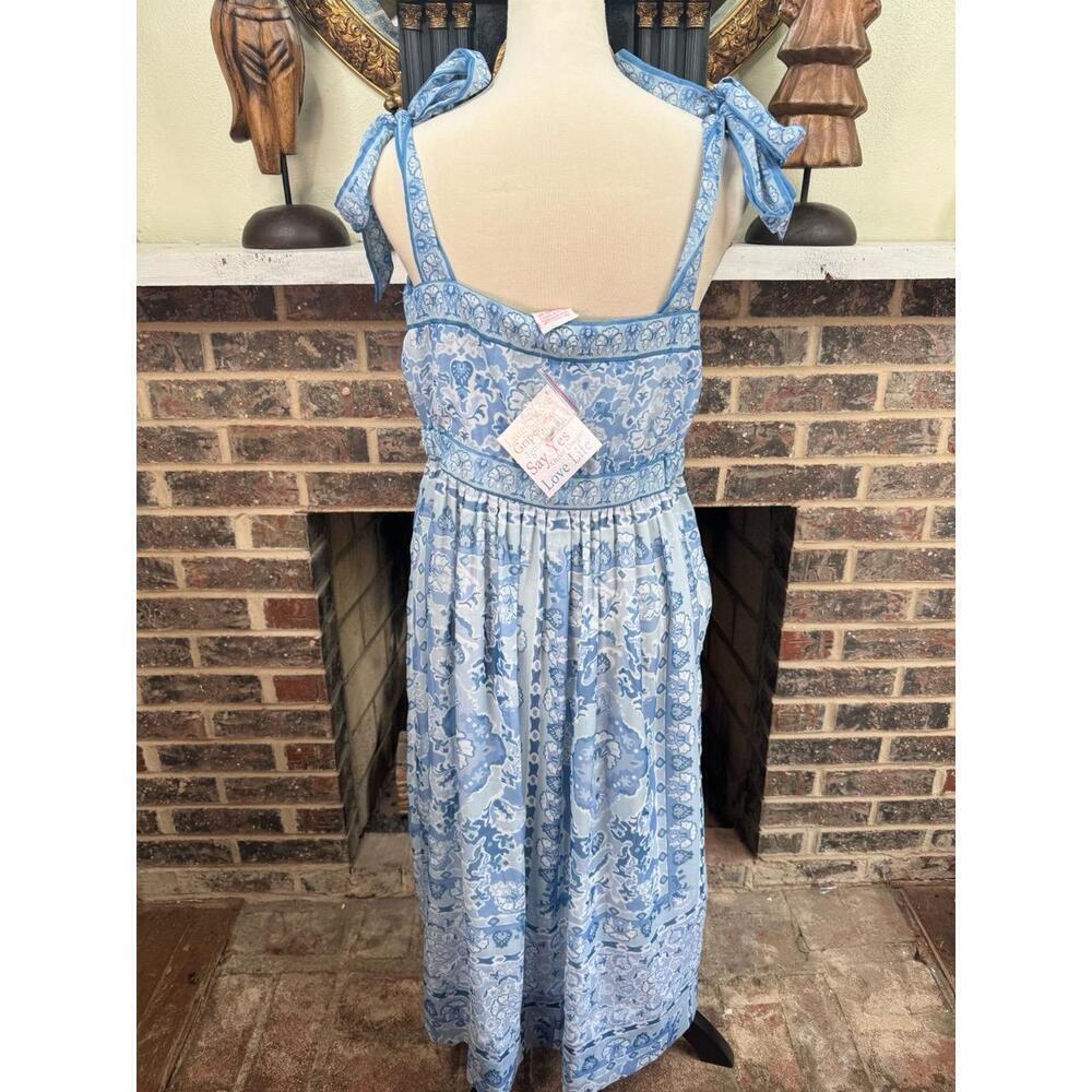 Gretchen Scott Dress Womens Size M Blue White Midi Floral Tie Shoulder - Picture 9 of 10